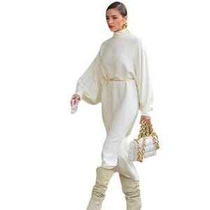 ST. JOHN SILK MINIMALIST BALLOON SLEEVES DRESS IN ALABASTER NWT